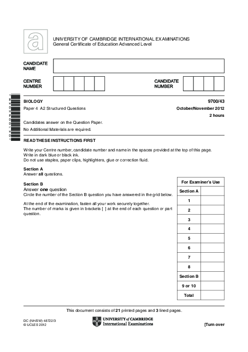 Biology 9700/51 Oct Nov 2012 | Cambridge AS Level Past Papers With Mark Scheme