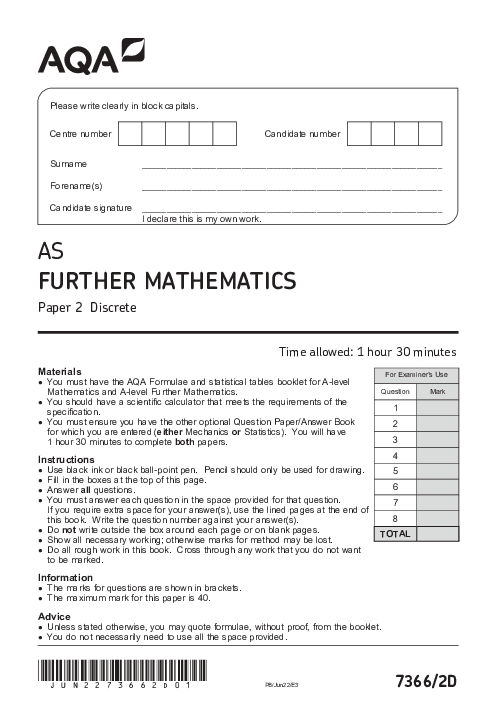 Further Mathematics 7366 Paper 2D June 2022, AQA AS-Level Past Papers with Mark Schemes