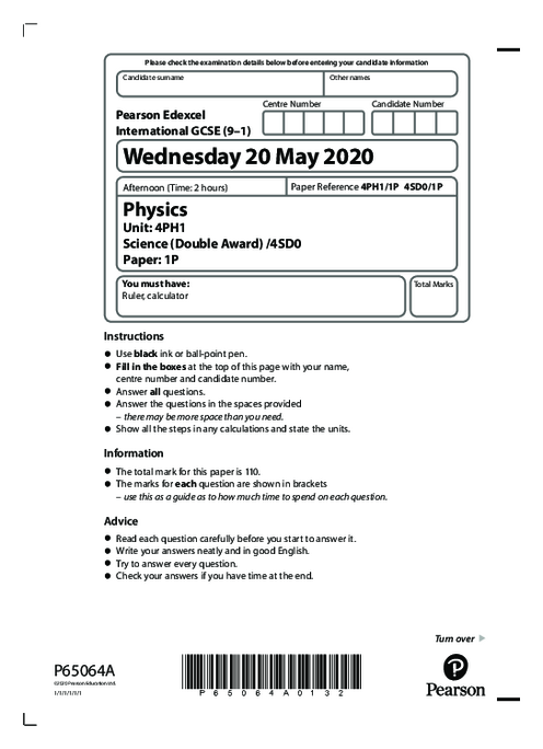 Physics 4PH1/1P May June  2020 | Edexcel  IGCSE Past Papers With Mark Scheme