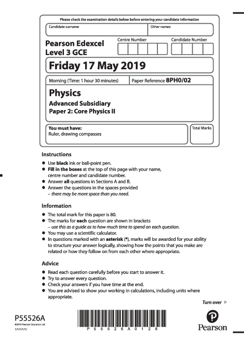  Physics 8PH0/02 May June  2019 | Edexcel  AS Level Past Papers With Mark Scheme