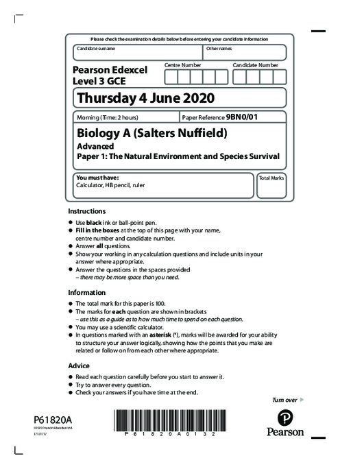 Biology (A) 9BN0/01 May June  2020