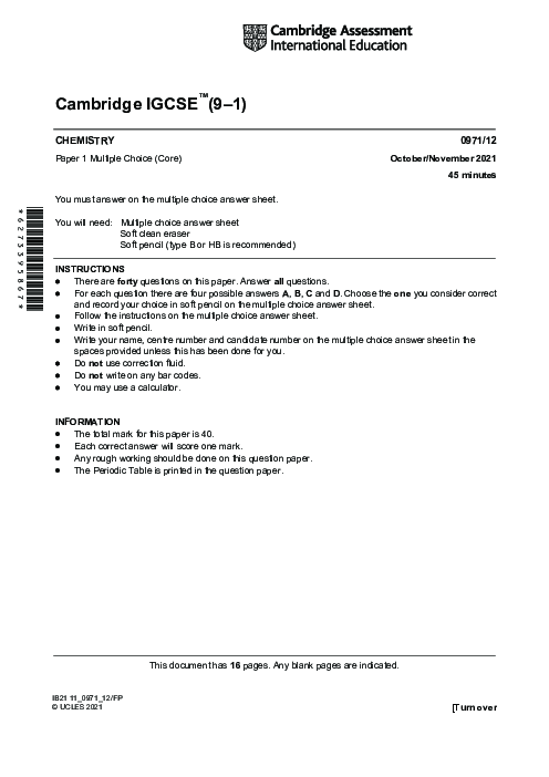  Chemistry 0971/12 Oct Nov 2021 | Cambridge 9–1 IGCSE Past Papers With Mark Scheme