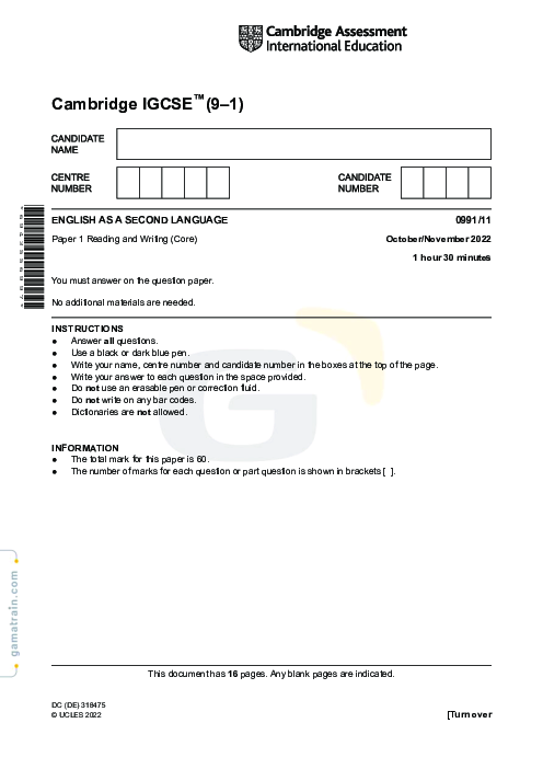 English as a Second Language 0991/11 Oct Nov 2022