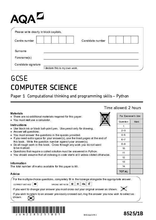Computer Science 8525/1B June 2022