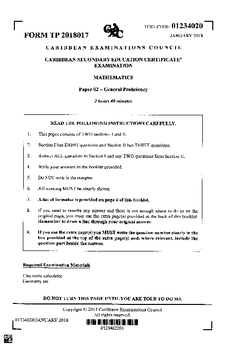 Mathematics January 2018 Paper 2