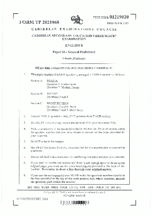 English B June 2021 Paper 2