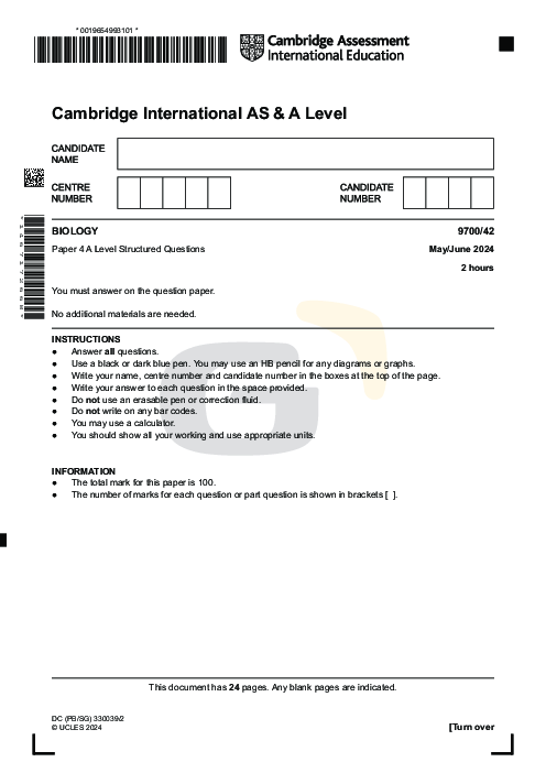 Biology 9700/42 May June 2024 | Cambridge AS Level Past Papers With Mark Scheme