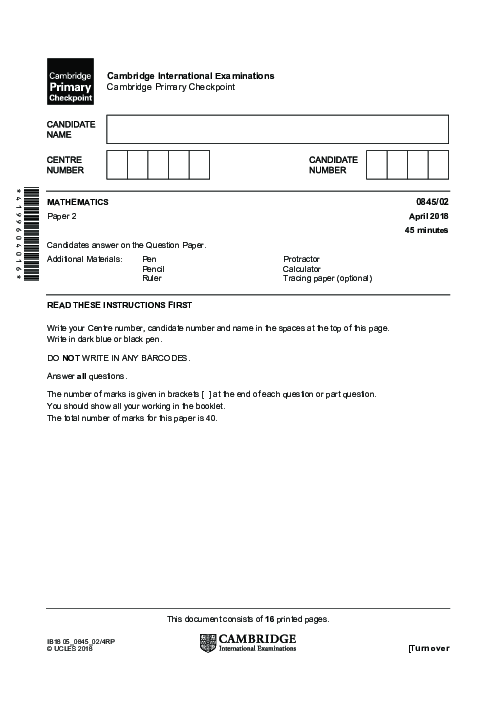 MATHEMATICS 0845,02 April 2018 | Cambridge Primary Checkpoint Past Papers and Mark Schemes