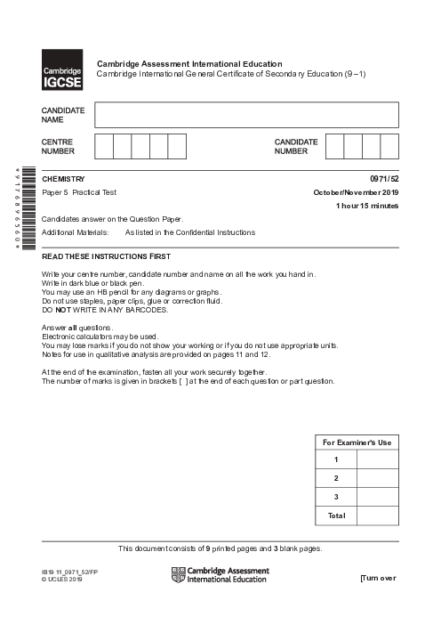  Chemistry 0971/52 Oct Nov 2019 | Cambridge 9–1 IGCSE Past Papers With Mark Scheme