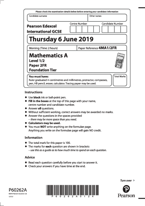 Mathematics (A) 4MA1/2FR May Jun  2019 | Edexcel IGCSE Past Papers With Mark Scheme