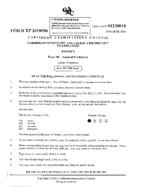 Physics June 2018 Paper 1