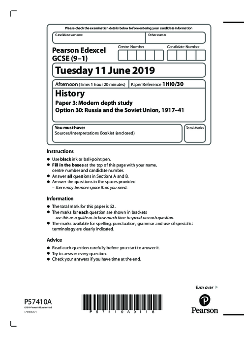  History  1HI0/30 June  2019 | Edexcel  GCSE Past Papers With Mark Scheme