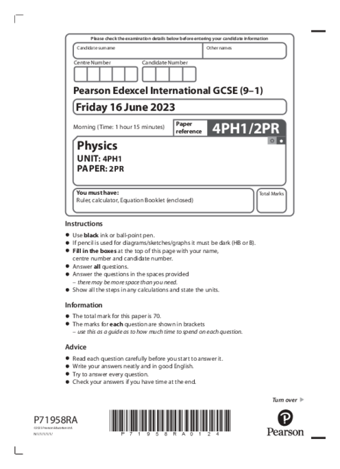  Physics 4PH1/2PR May June  2023 | Edexcel IGCSE Past Papers With Mark Scheme