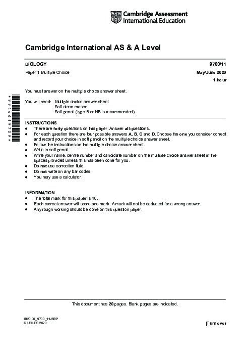 Biology 9700/11 May June 2020 | Cambridge AS Level Past Papers With Mark Scheme