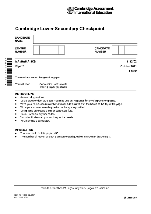 MATHEMATICS 1112,02 October 2021 | Cambridge Lower secondary Checkpoint Past Papers with Mark Schemes