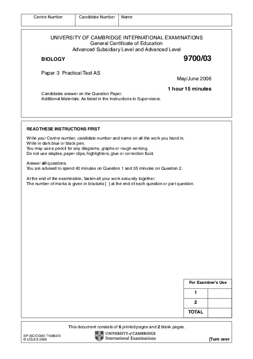 Biology 9700/01 May June 2006 | Cambridge AS Level Past Papers With Mark Scheme