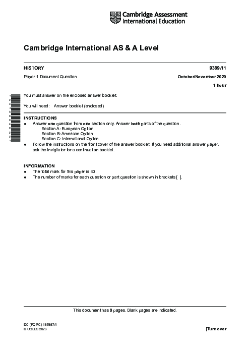  History 9389/41 May June 2020 | Cambridge AS & A Level Past Papers With Mark Scheme