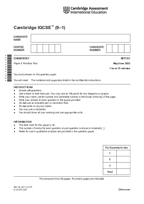  Chemistry 0971/51 May June 2022 | Cambridge 9–1 IGCSE Past Papers With Mark Scheme