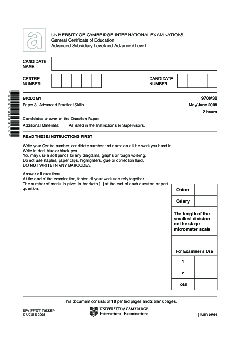Biology 9700/32 May June 2008 | Cambridge AS Level Past Papers With Mark Scheme