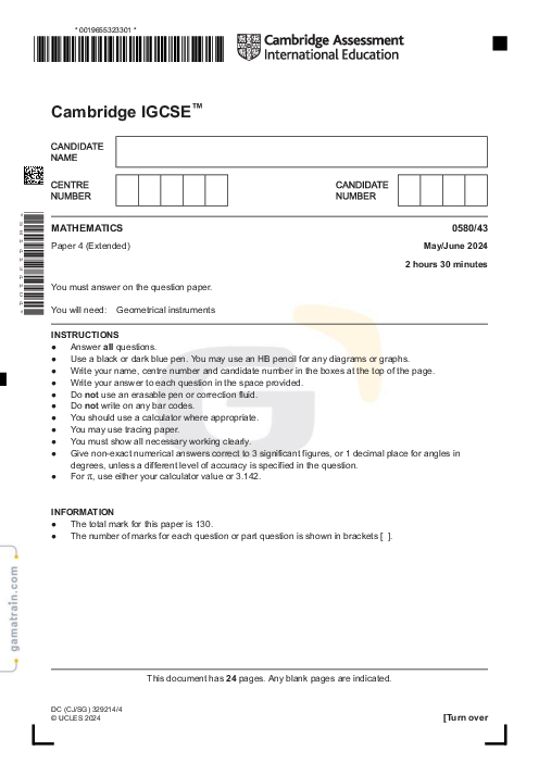 Mathematics 0580/43 May June 2024