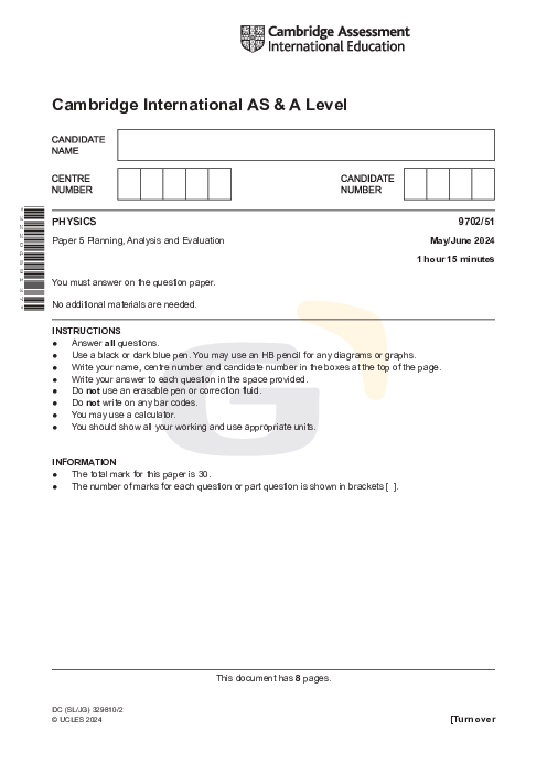 Physics 9702/51 May June 2024 | Cambridge AS Level Past Papers With Mark Scheme