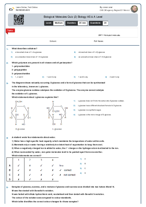 Biological Molecules Quiz (2) Biology AS Level