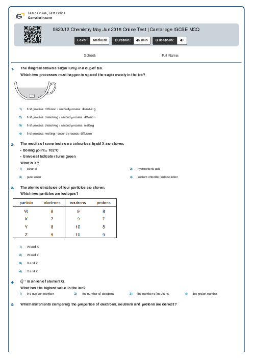 0620/12 Chemistry May Jun 2015 Online Test | Cambridge IGCSE MCQ