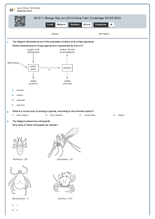 0610/11 Biology May Jun 2015 Online Test | Cambridge IGCSE MCQ