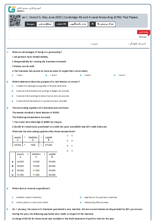 9706/13 Accounting May Jun 2023 Online Test | Cambridge AS and A Level MCQ