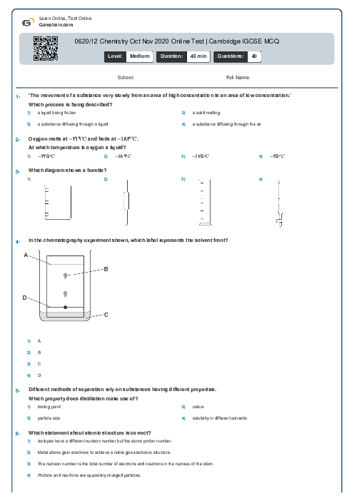 0620/12 Chemistry Oct Nov 2020 Online Test | Cambridge IGCSE MCQ