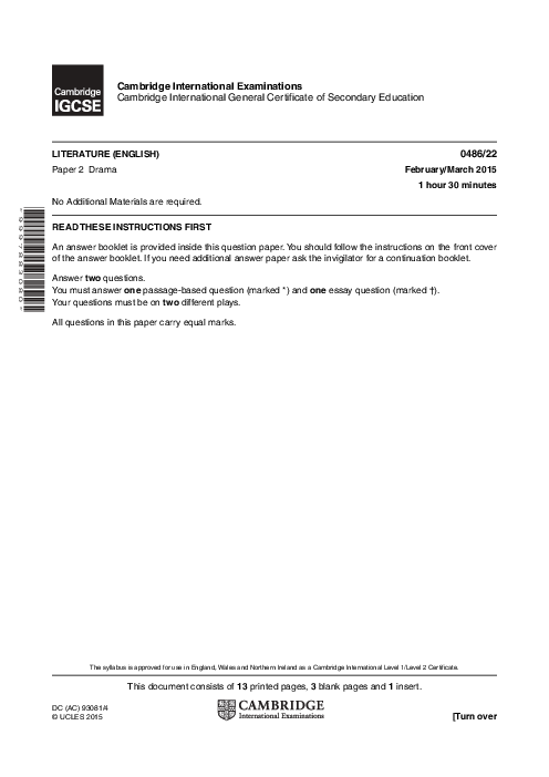 English-Literature 0486/22 March 2015