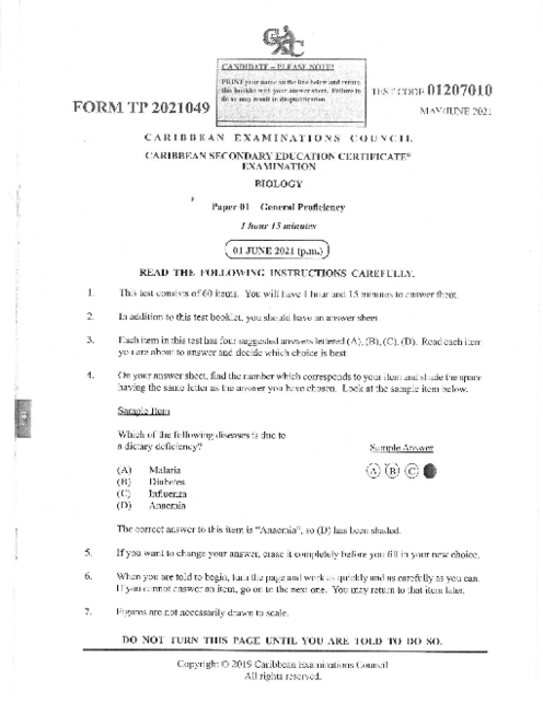 Biology June 2021 Paper 1