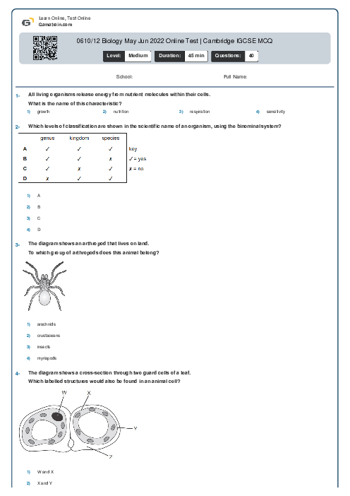 0610/12 Biology May Jun 2022 Online Test | Cambridge IGCSE MCQ