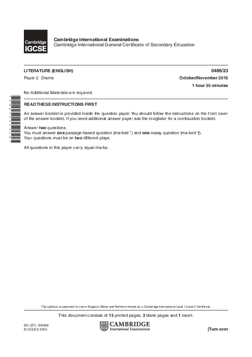 English-Literature 0486/23 Oct Nov 2015
