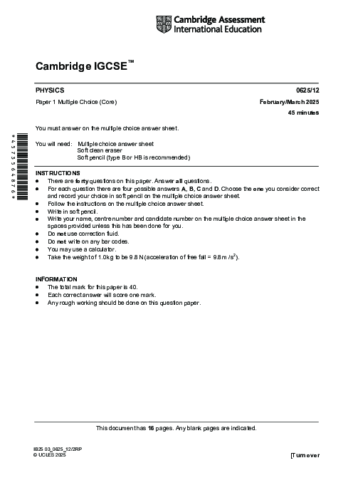 Physics 0625/12 March 2025