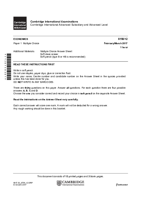 Paper 1, Variant 2, March 2017 | Cambridge AS - A Level Economics (9708) Past Papers