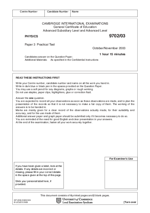 Paper 2, Oct Nov 2003 | Cambridge AS - A Level Physics (9702) Past Papers