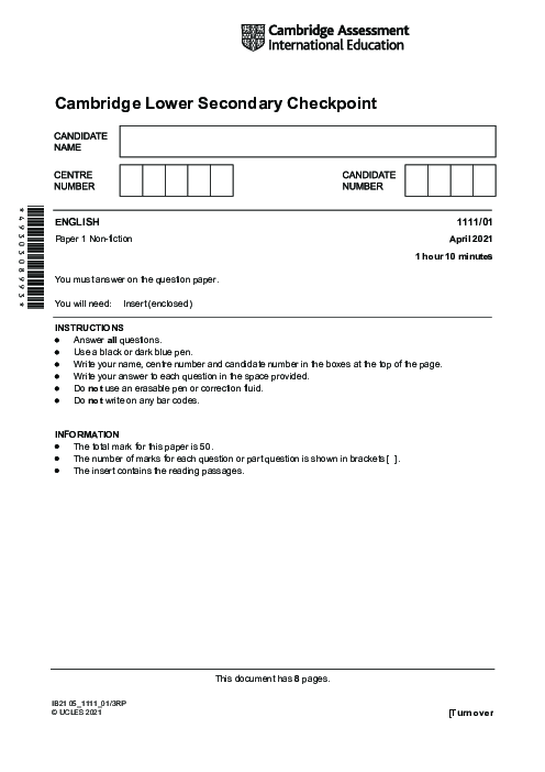  ENGLISH 1111,01 April 2021 | Cambridge Lower secondary Checkpoint Past Papers with Mark Schemes 