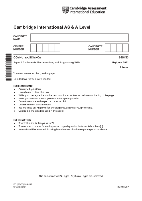  Computer Science 9608/23 May June 2021 | Cambridge AS & A Level Past Papers With Mark Scheme