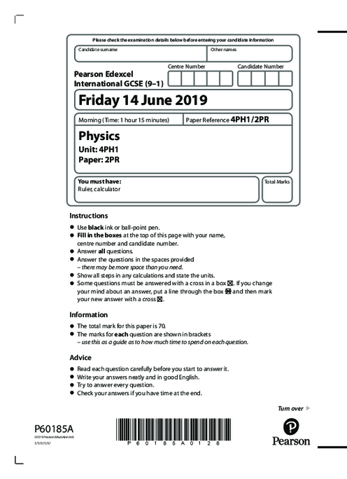  Physics 4PH1/2PR May June  2019 | Edexcel IGCSE Past Papers With Mark Scheme