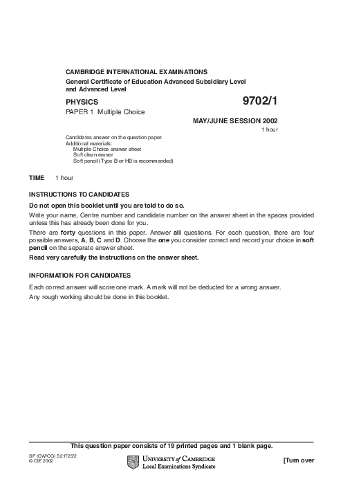 Paper 1, May June 2002 | Cambridge AS - A Level Physics (9702) Past Papers