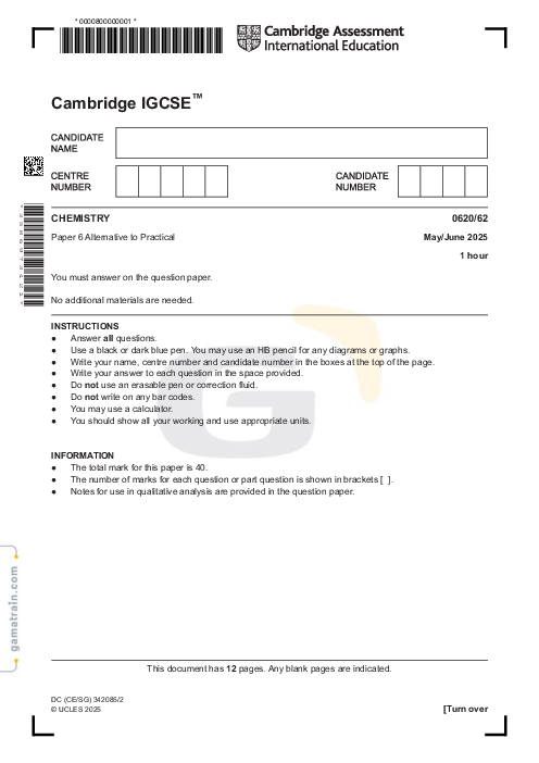 Chemistry 0620/62 May June 2025