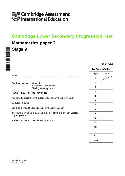 Cambridge Progression Test Stage 9 Mathematics 2018 Paper 2