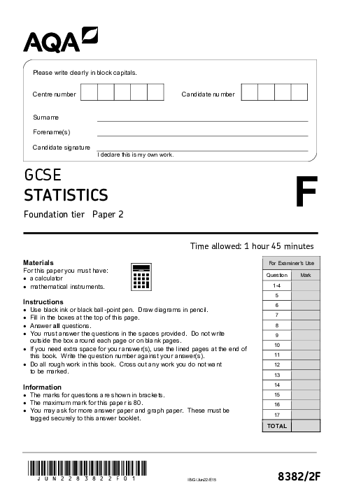 Statistics 8382/2F June 2022