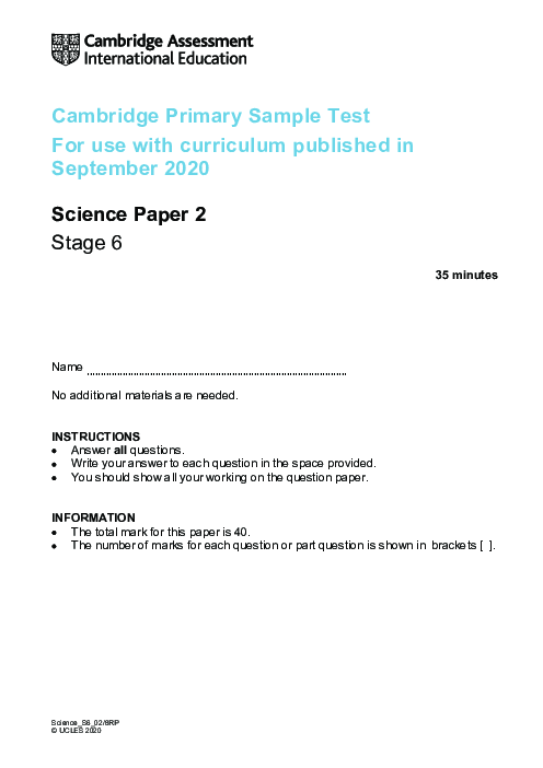 Cambridge Progression Test Stage 6 Science 2020 Paper 2