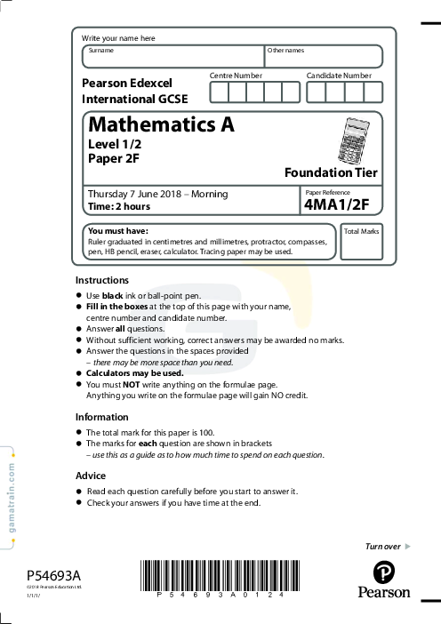 Mathematics (A) 4MA1/1F May Jun  2018