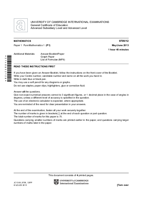 Mathematics 9709/11 May June 2013 | Cambridge AS & A Level Past Papers With Mark Scheme