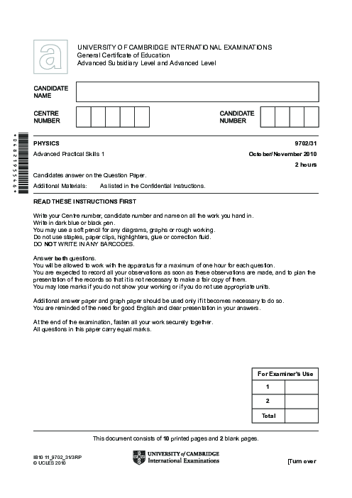 Paper 1, Variant 1, Oct Nov 2010 | Cambridge AS - A Level Physics (9702) Past Papers