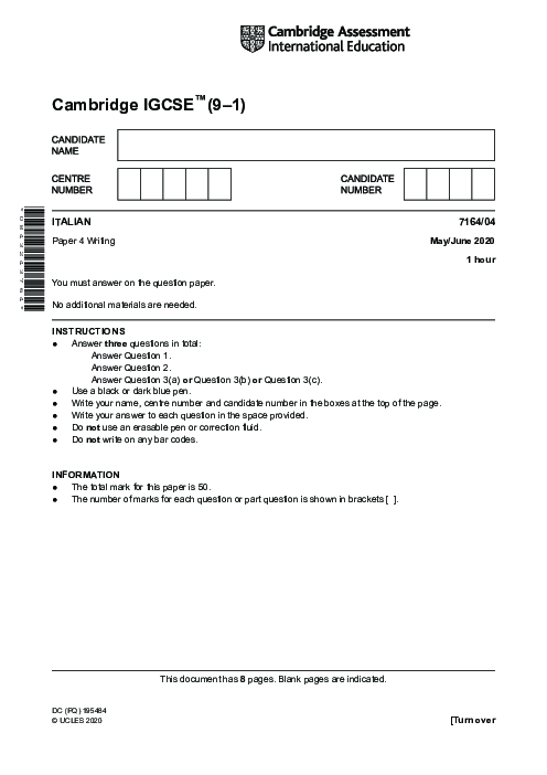 Paper 2, May June 2020 | Cambridge 9–1 GCSE  Italian (7164) Past Papers