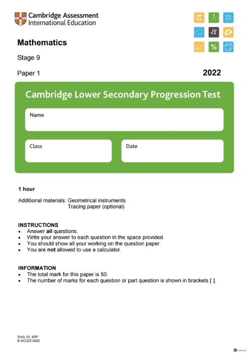 Cambridge Progression Test Stage 9 Mathematics 2022 Paper 1